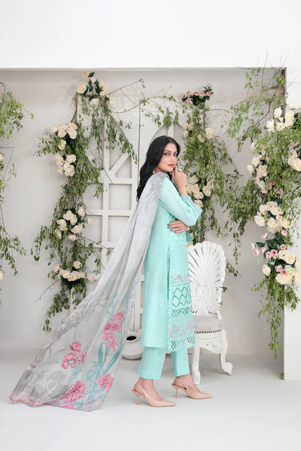 Saija 3pcs Semi-Stitched Emb Schiffli Lawn [D-1232] - Image 2