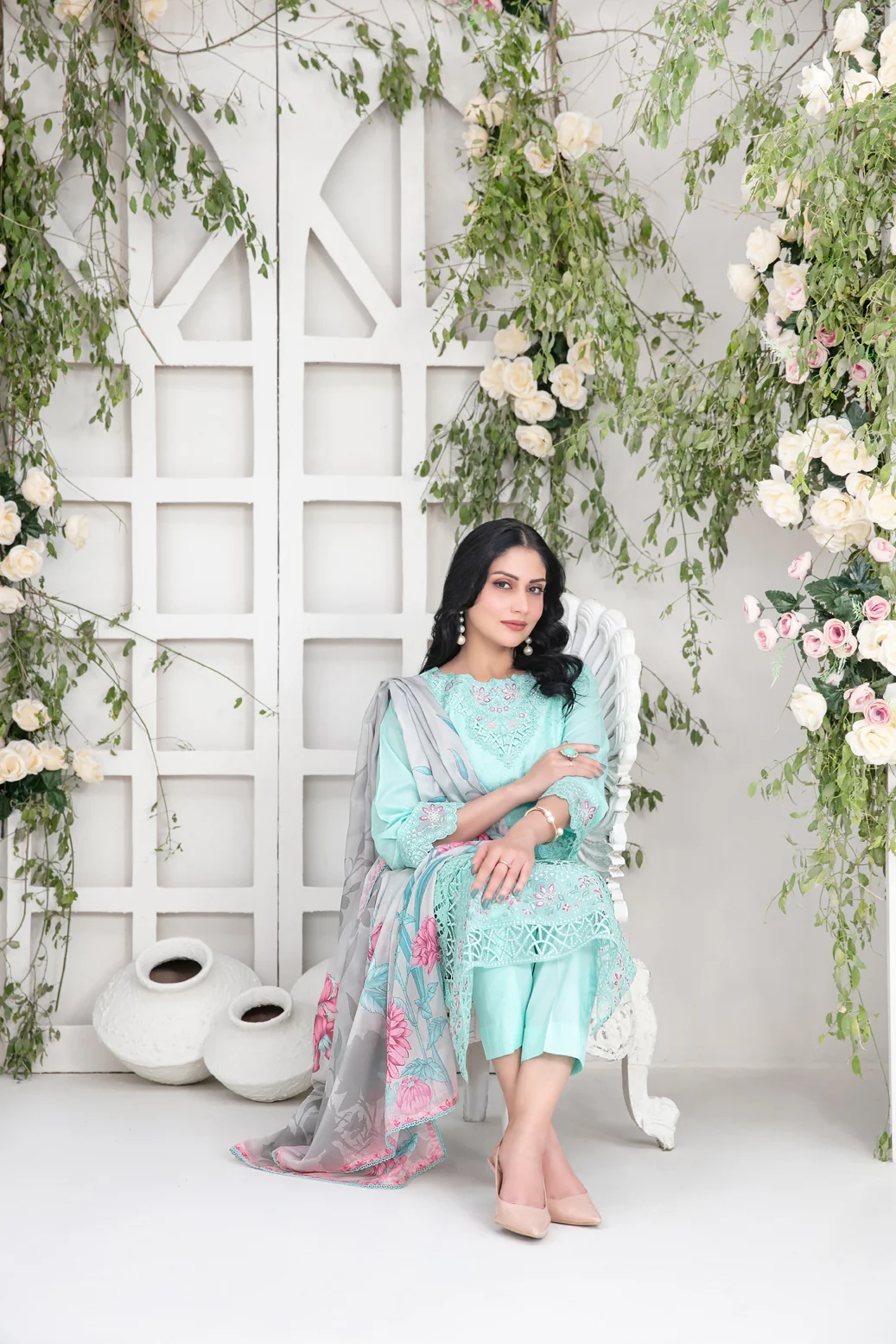 Saija 3pcs Semi-Stitched Emb Schiffli Lawn [D-1232] - Image 3