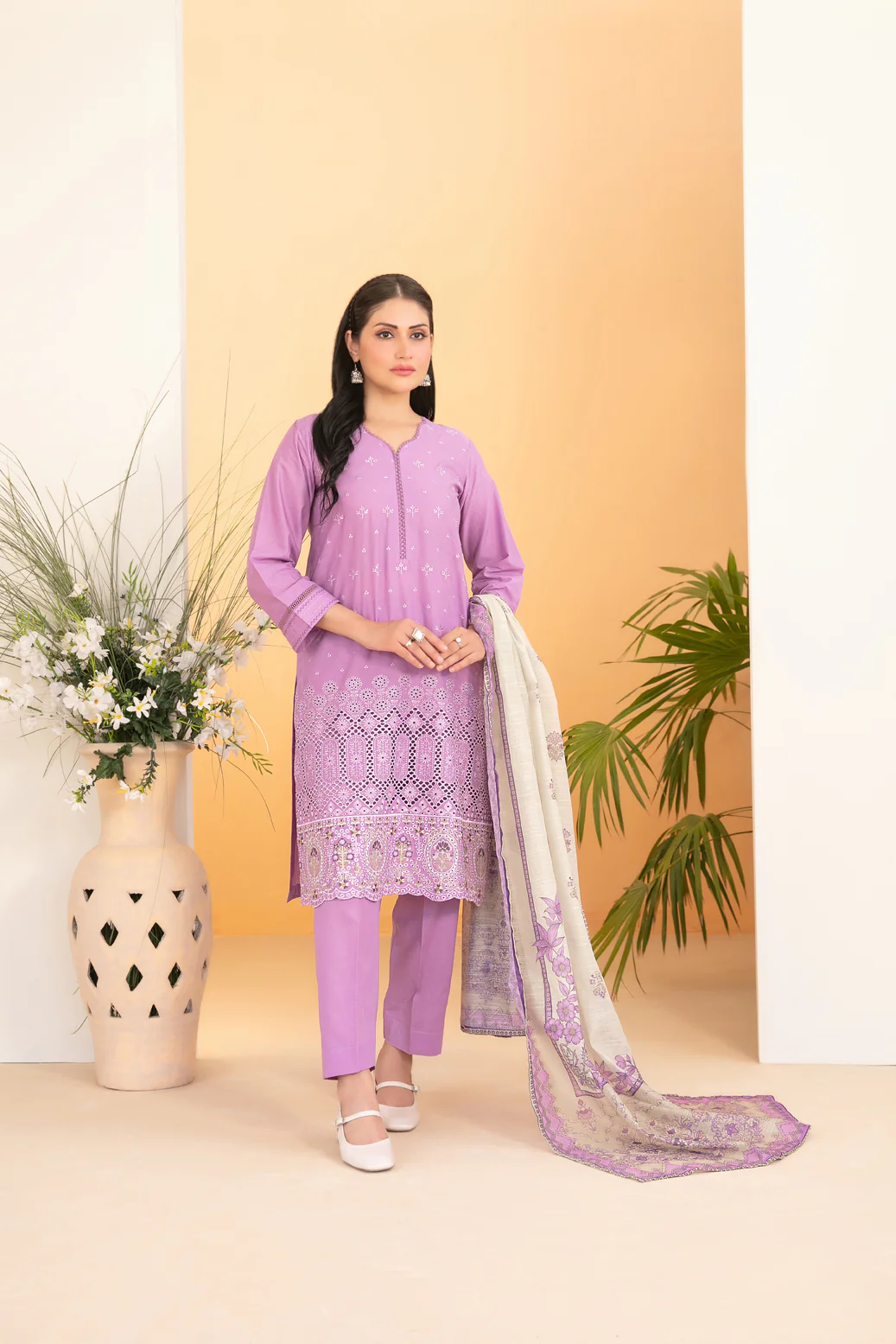 Dinara 3pcs Stitched Emb Schiffli Lawn [D-2285]