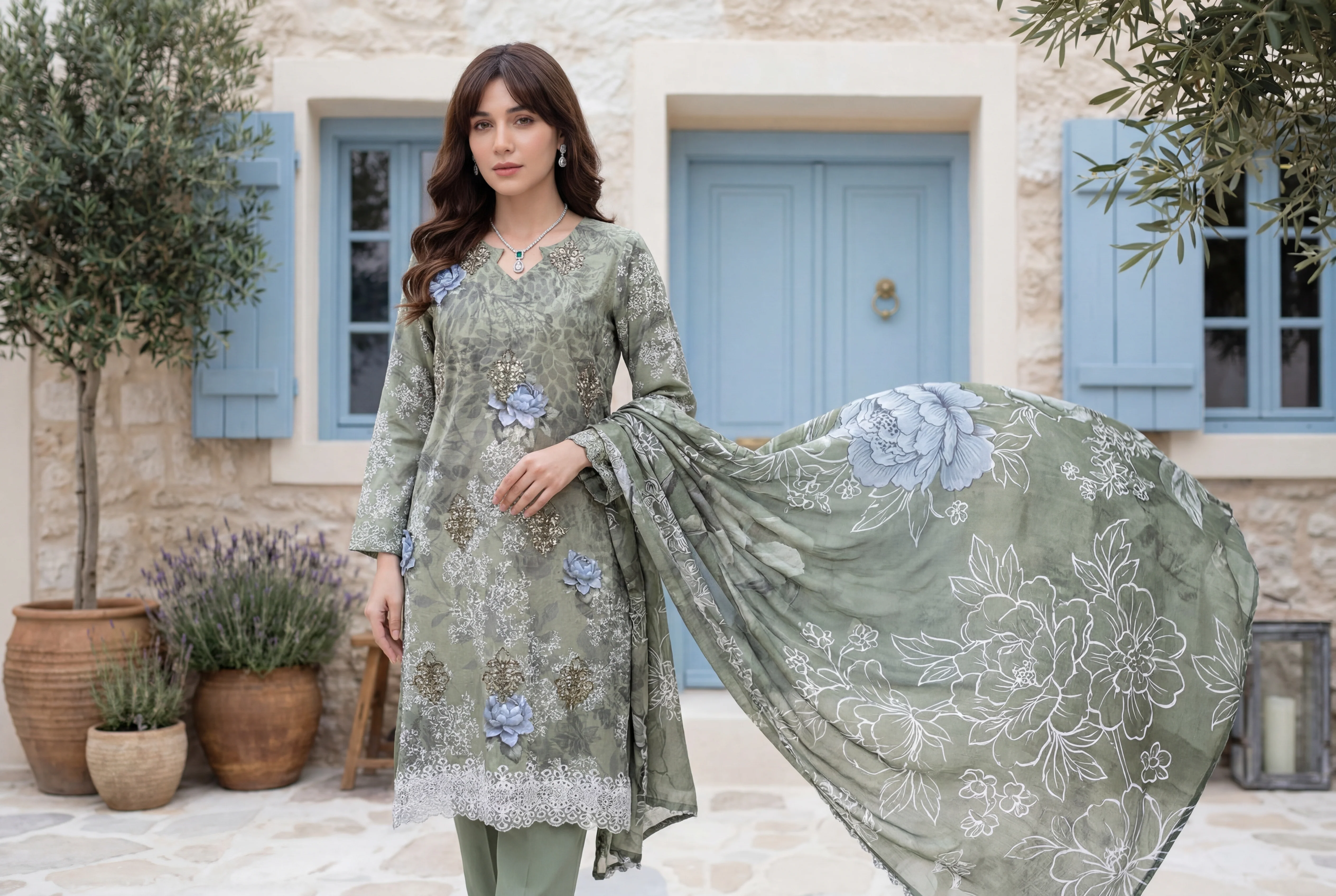 Tropical 3pcs Un-Stitched Emb Printed Lawn [D-3333] - Image 3