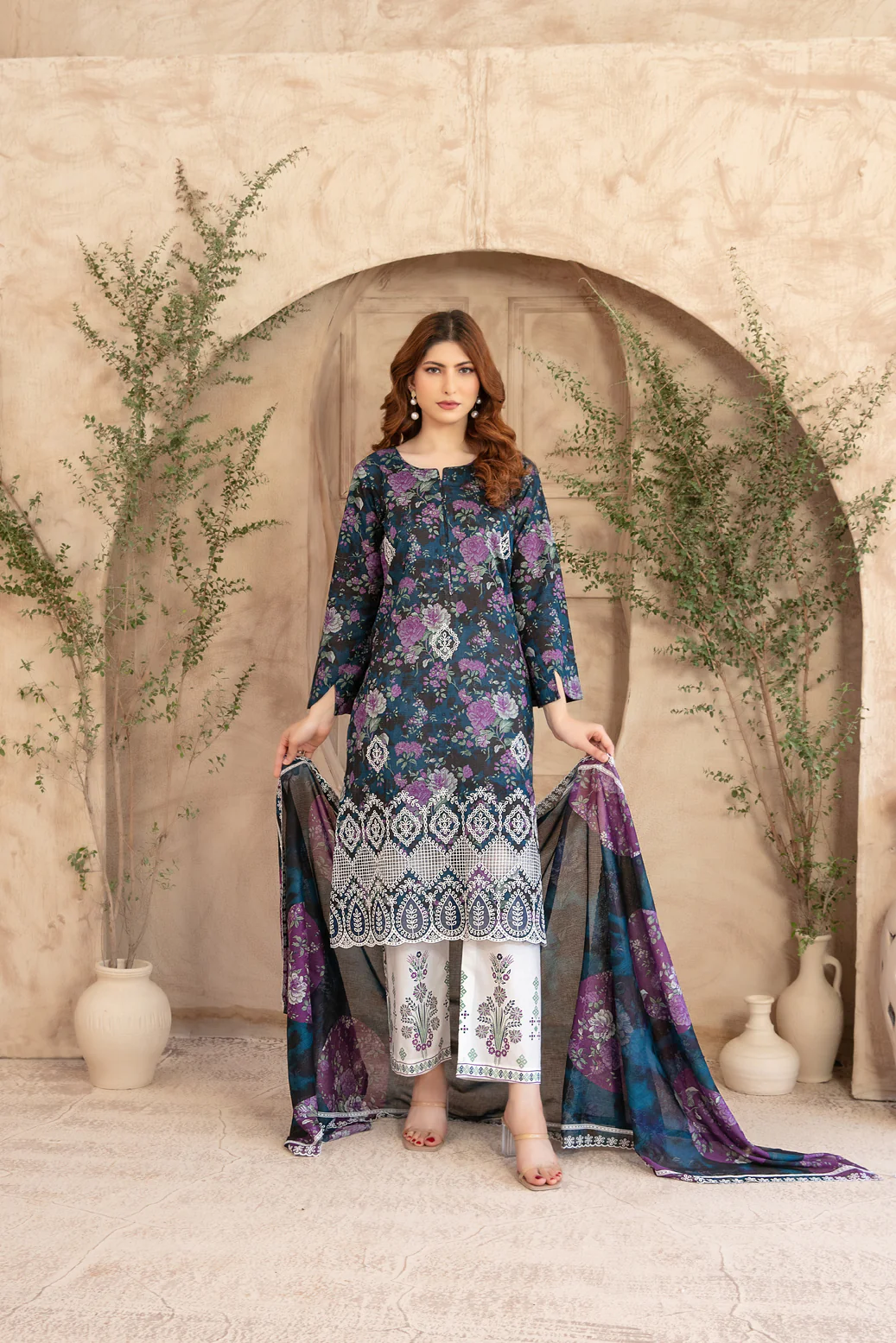 Merrachi 3pcs Un-Stitched Emb Printed Lawn [D-3495]