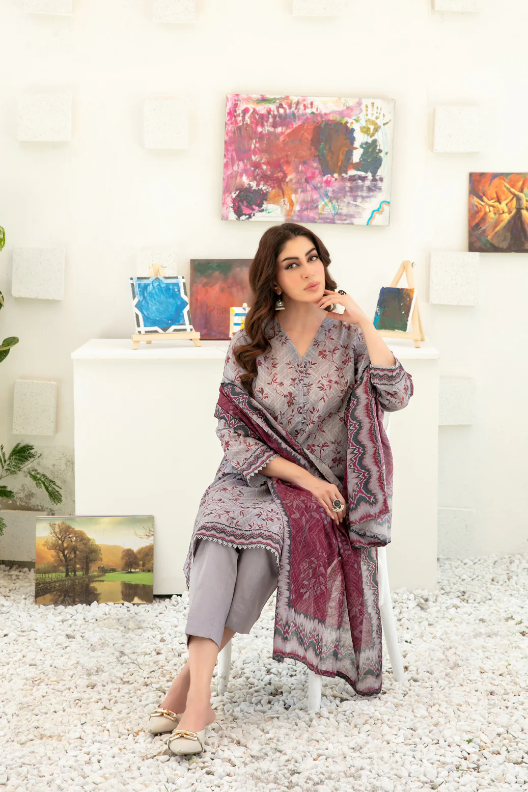 Qalaa 3pcs Stitched Printed Chamki Lawn [D-3627] - Image 3