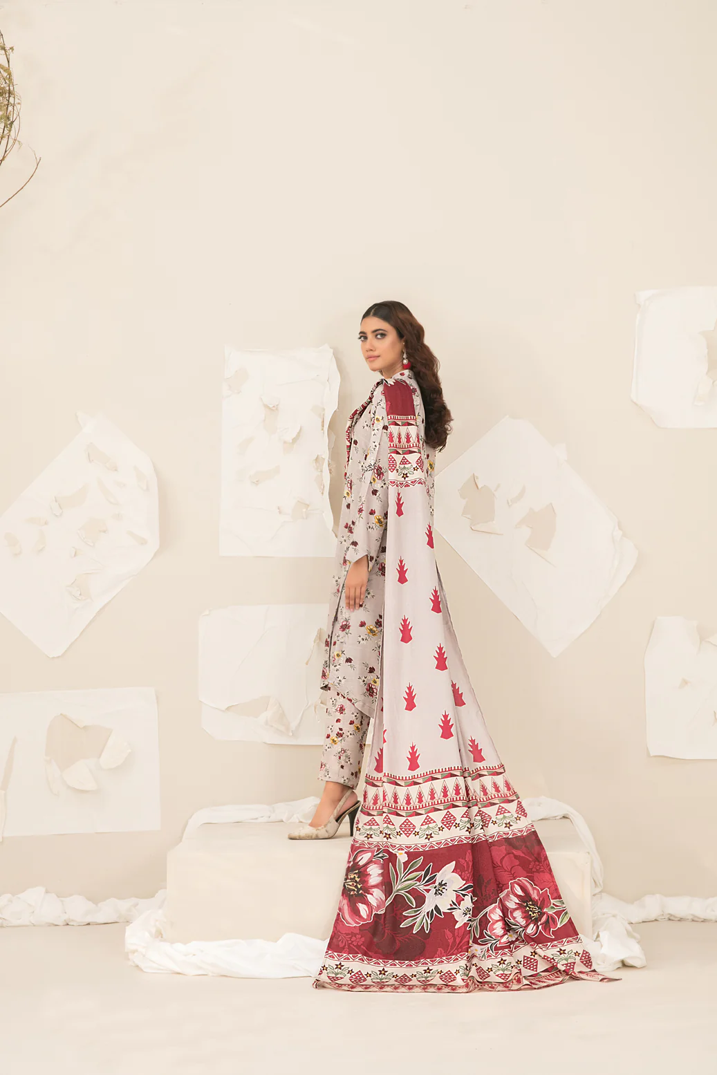 Permaz 3pcs Un-Stitched Exclusive Printed Leather Peach [D-5609] - Image 2